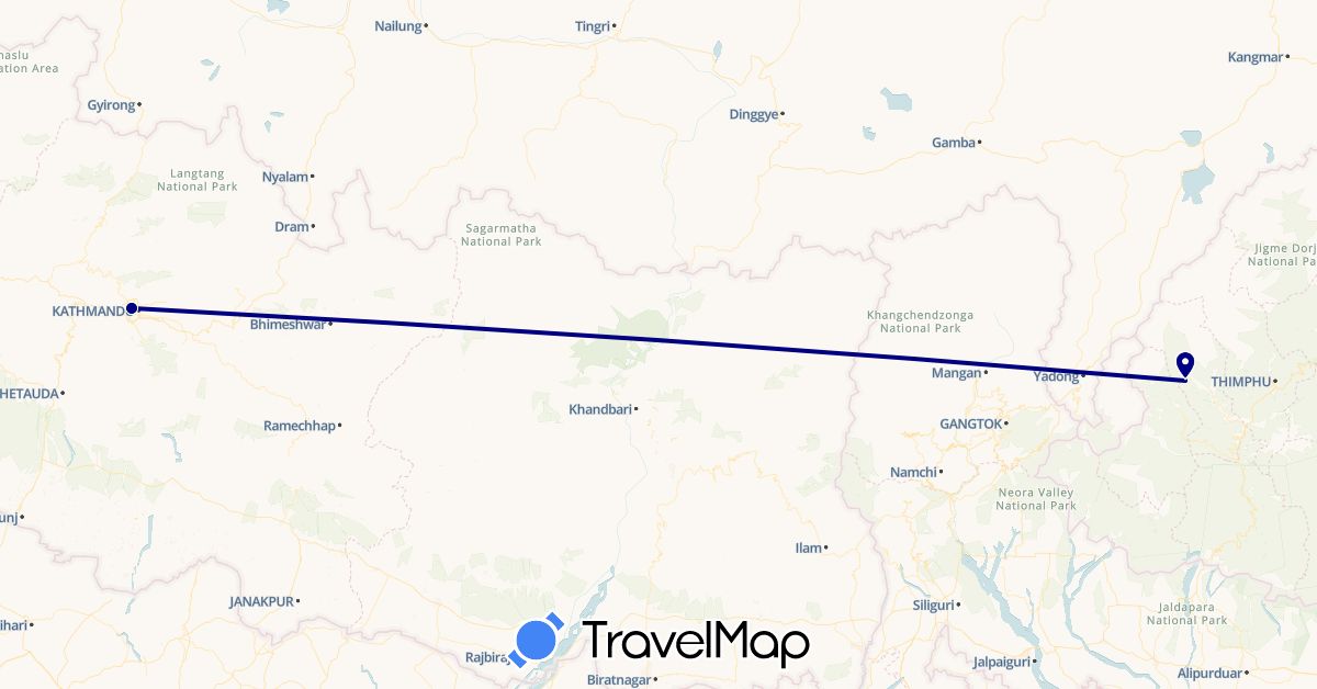 TravelMap itinerary: driving in Bhutan, Nepal (Asia)